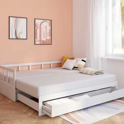 IDMarket Lit banquette 90 x 190 cm ZOYA convertible 180 x 190 cm blanc avec 1 tiroir de rangement