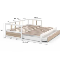 IDMarket Lit banquette 90 x 190 cm ZOYA convertible 180 x 190 cm blanc et hêtre avec 1 tiroir de rangement Discount