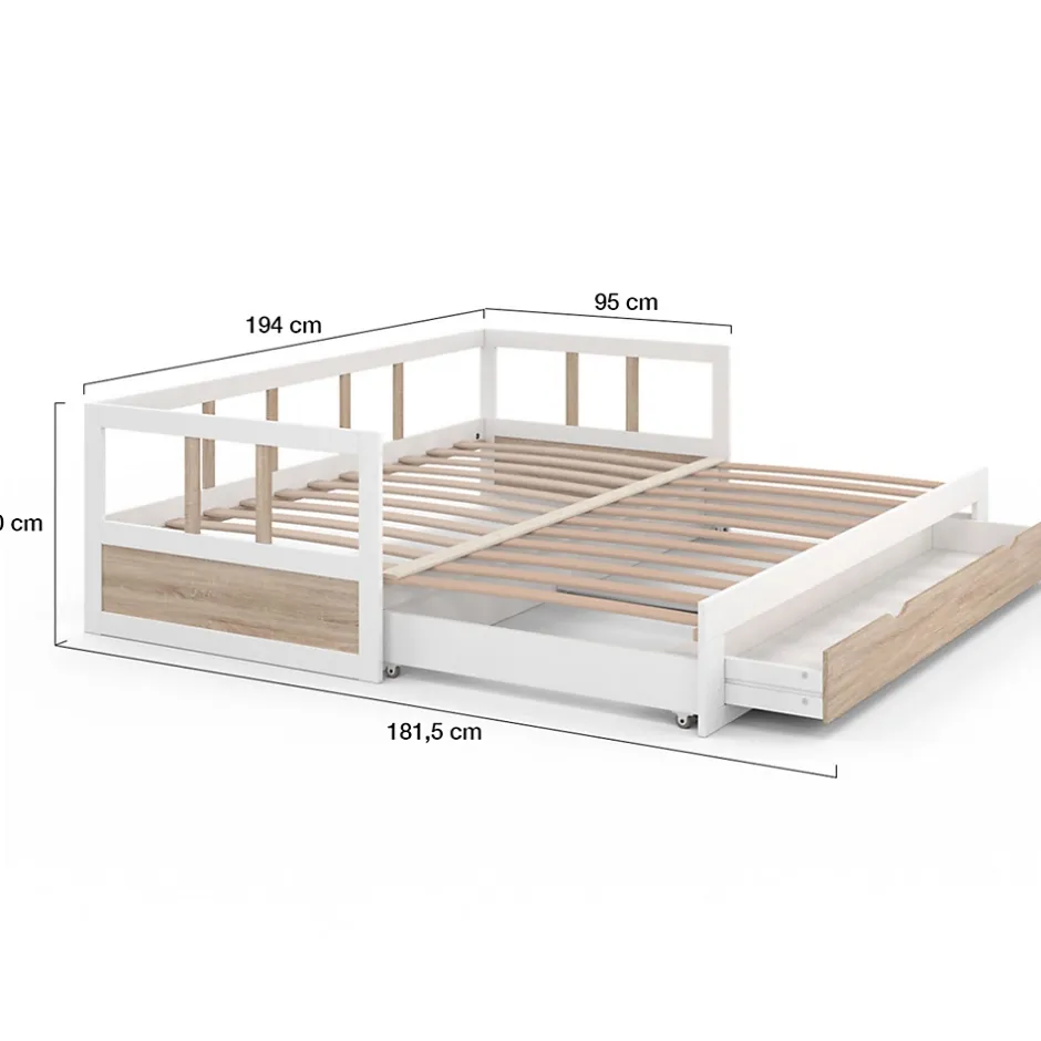IDMarket Lit banquette 90 x 190 cm ZOYA convertible 180 x 190 cm blanc et hêtre avec 1 tiroir de rangement Discount