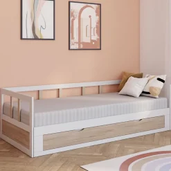 IDMarket Lit banquette 90 x 190 cm ZOYA convertible 180 x 190 cm blanc et hêtre avec 1 tiroir de rangement Discount