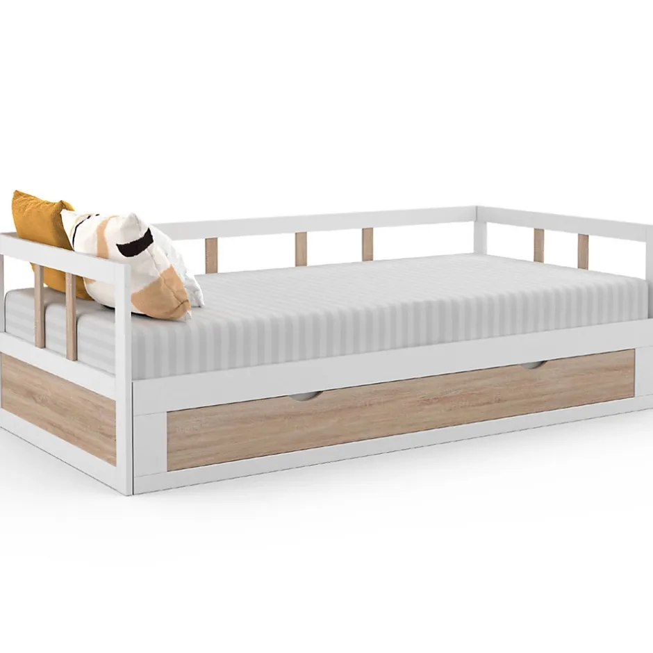 IDMarket Lit banquette 90 x 190 cm ZOYA convertible 180 x 190 cm blanc et hêtre avec 1 tiroir de rangement Discount