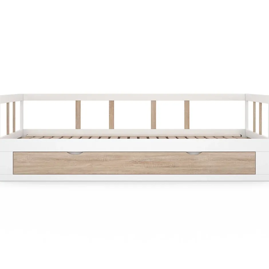 IDMarket Lit banquette 90 x 190 cm ZOYA convertible 180 x 190 cm blanc et hêtre avec 1 tiroir de rangement Discount