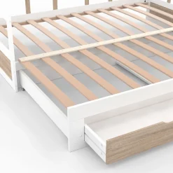 IDMarket Lit banquette 90 x 190 cm ZOYA convertible 180 x 190 cm blanc et hêtre avec 1 tiroir de rangement Discount