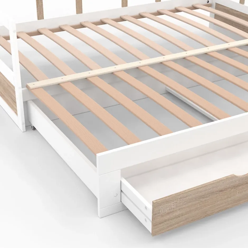 IDMarket Lit banquette 90 x 190 cm ZOYA convertible 180 x 190 cm blanc et hêtre avec 1 tiroir de rangement Discount