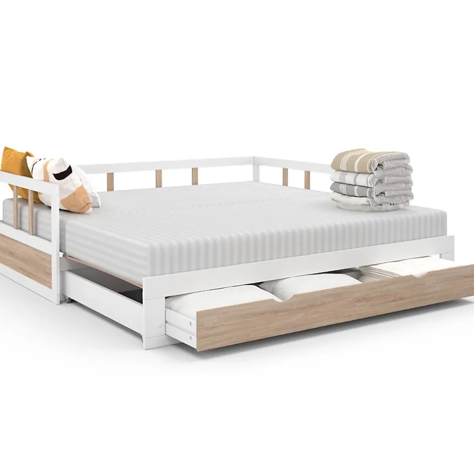 IDMarket Lit banquette 90 x 190 cm ZOYA convertible 180 x 190 cm blanc et hêtre avec 1 tiroir de rangement Discount