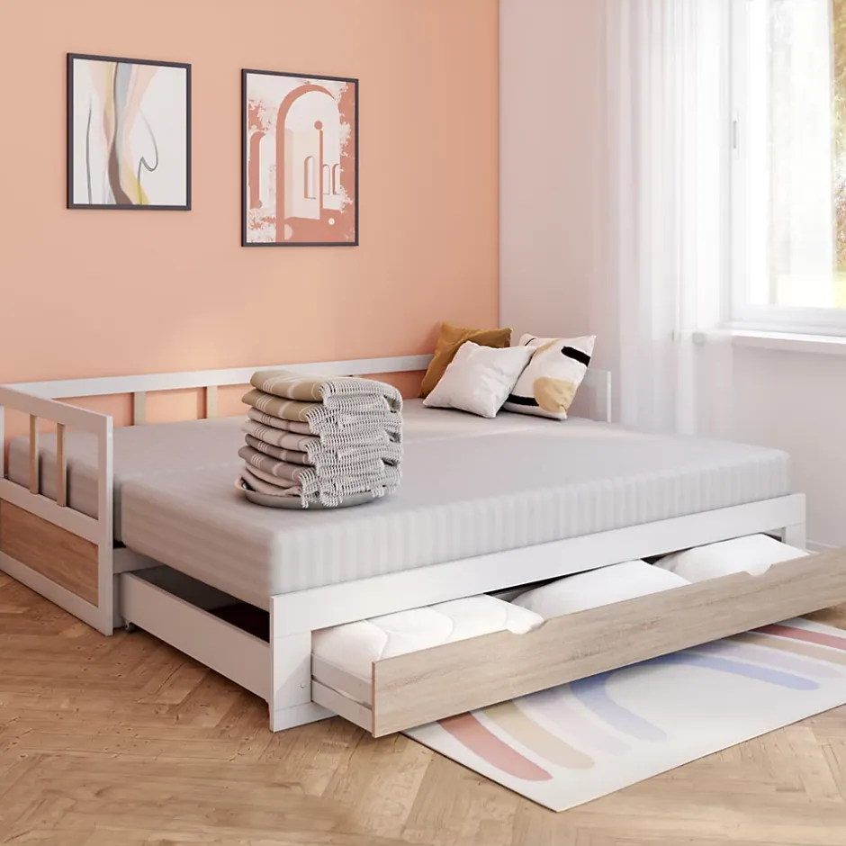 IDMarket Lit banquette 90 x 190 cm ZOYA convertible 180 x 190 cm blanc et hêtre avec 1 tiroir de rangement Discount