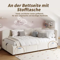 Okwish Lit Banquette enfant 90x200 cm - Rembourré Velours avec Prise USB et Rangement Latéral - Sans Matelas - Beige Outlet