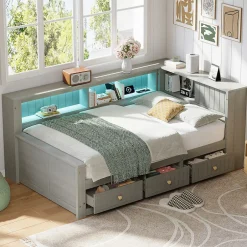 Okwish Lit Banquette Simple 90x200 cm - avec Rangement Intégré, 3 Tiroirs et Étagères, MDF et Contreplaqué, Gris, sans Matelas Sale
