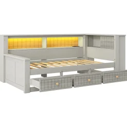 Okwish Lit Banquette Simple 90x200 cm - avec Rangement Intégré, 3 Tiroirs et Étagères, MDF et Contreplaqué, Gris, sans Matelas Sale