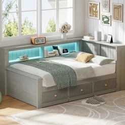 Okwish Lit Banquette Simple 90x200 cm - avec Rangement Intégré, 3 Tiroirs et Étagères, MDF et Contreplaqué, Gris, sans Matelas Sale
