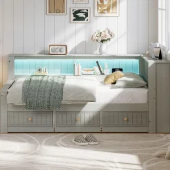 Okwish Lit Banquette Simple 90x200 cm - avec Rangement Intégré, 3 Tiroirs et Étagères, MDF et Contreplaqué, Gris, sans Matelas Sale
