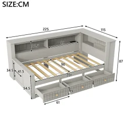Okwish Lit Banquette Simple 90x200 cm - avec Rangement Intégré, 3 Tiroirs et Étagères, MDF et Contreplaqué, Gris, sans Matelas Sale