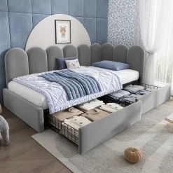 Okwish Lit Banquette 90x200 cm - Lit Enfant Capitonné avec 2 Tiroirs de Rangement et Sommier à Lattes, en Velours - sans Matelas - Gris Outlet
