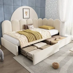 Okwish Lit Banquette 90x200 cm - Lit Enfant Capitonné avec 2 Tiroirs de Rangement et Sommier à Lattes, en Velours - sans Matelas - Beige Clearance