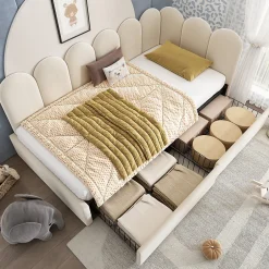 Okwish Lit Banquette 90x190 cm - Lit Enfant Capitonné avec 2 Tiroirs de Rangement et Sommier à Lattes, en Velours - sans Matelas - Beige