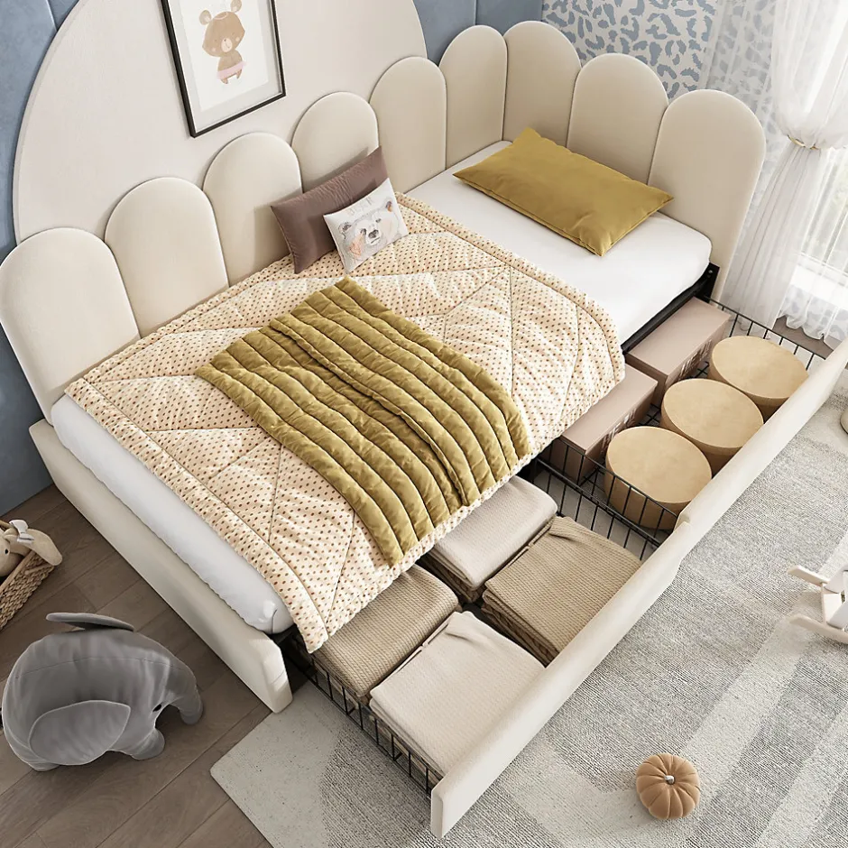 Okwish Lit Banquette 90x190 cm - Lit Enfant Capitonné avec 2 Tiroirs de Rangement et Sommier à Lattes, en Velours - sans Matelas - Beige