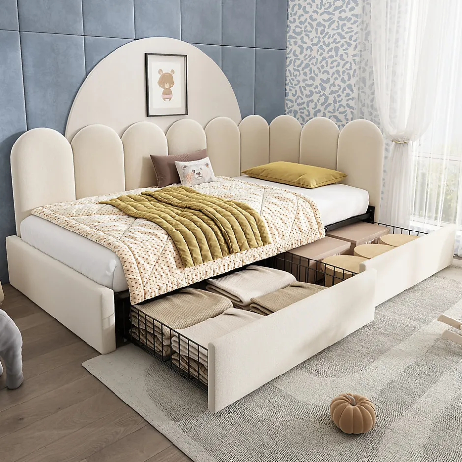 Okwish Lit Banquette 90x190 cm - Lit Enfant Capitonné avec 2 Tiroirs de Rangement et Sommier à Lattes, en Velours - sans Matelas - Beige