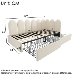 Okwish Lit Banquette 90x190 cm - Lit Enfant Capitonné avec 2 Tiroirs de Rangement et Sommier à Lattes, en Velours - sans Matelas - Beige