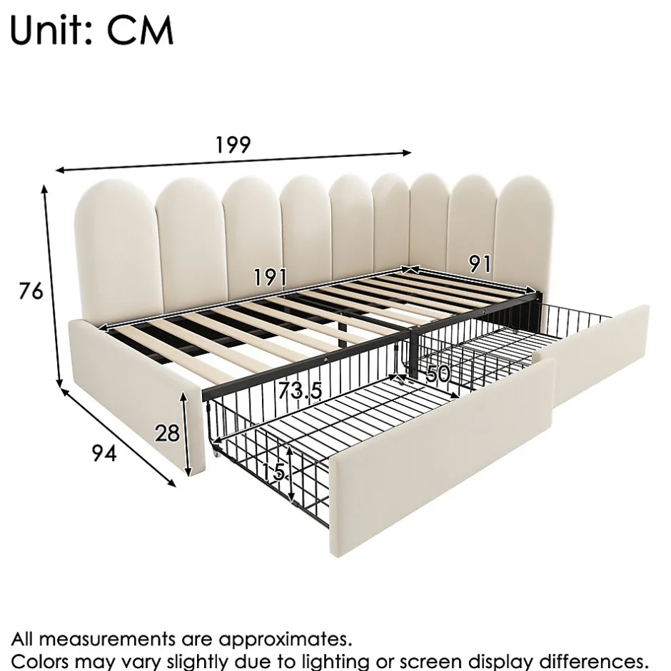 Okwish Lit Banquette 90x190 cm - Lit Enfant Capitonné avec 2 Tiroirs de Rangement et Sommier à Lattes, en Velours - sans Matelas - Beige