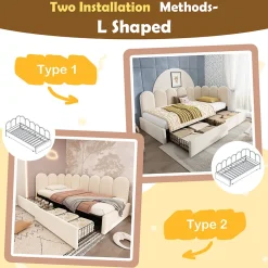 Okwish Lit Banquette 90x190 cm - Lit Enfant Capitonné avec 2 Tiroirs de Rangement et Sommier à Lattes, en Velours - sans Matelas - Beige