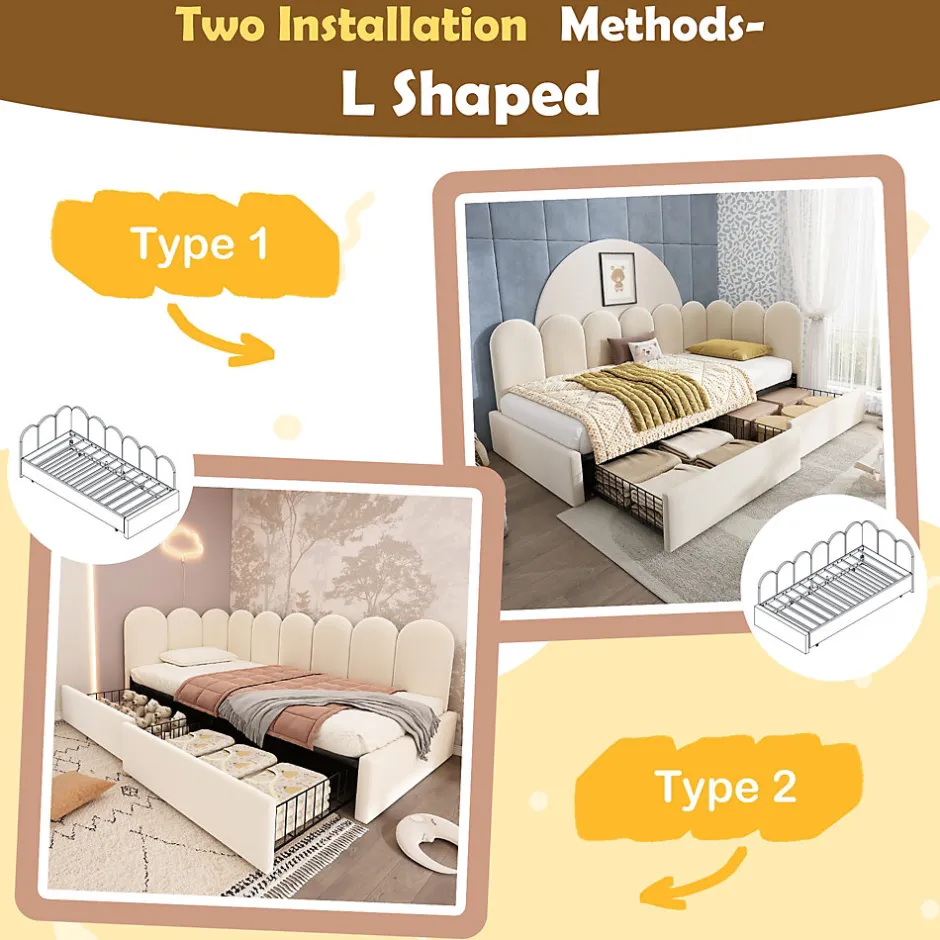 Okwish Lit Banquette 90x190 cm - Lit Enfant Capitonné avec 2 Tiroirs de Rangement et Sommier à Lattes, en Velours - sans Matelas - Beige