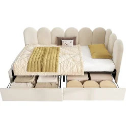 Okwish Lit Banquette 90x190 cm - Lit Enfant Capitonné avec 2 Tiroirs de Rangement et Sommier à Lattes, en Velours - sans Matelas - Beige