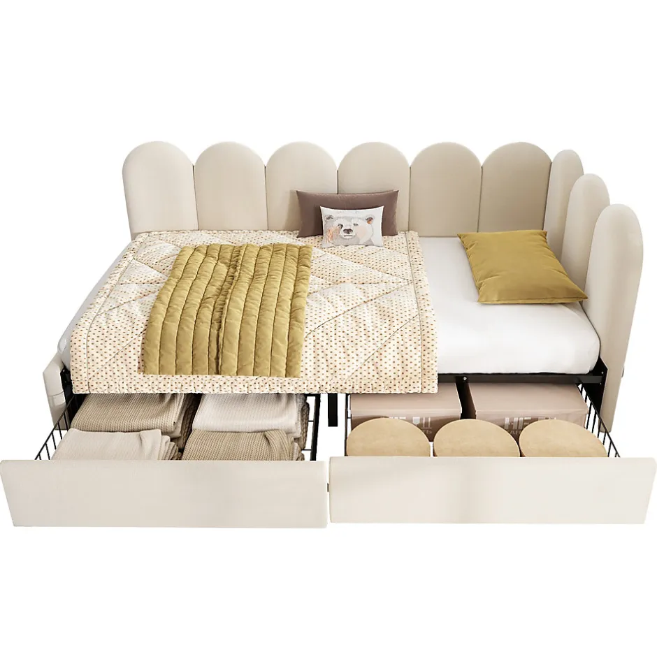 Okwish Lit Banquette 90x190 cm - Lit Enfant Capitonné avec 2 Tiroirs de Rangement et Sommier à Lattes, en Velours - sans Matelas - Beige