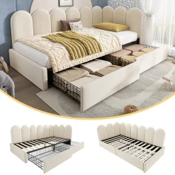 Okwish Lit Banquette 90x190 cm - Lit Enfant Capitonné avec 2 Tiroirs de Rangement et Sommier à Lattes, en Velours - sans Matelas - Beige