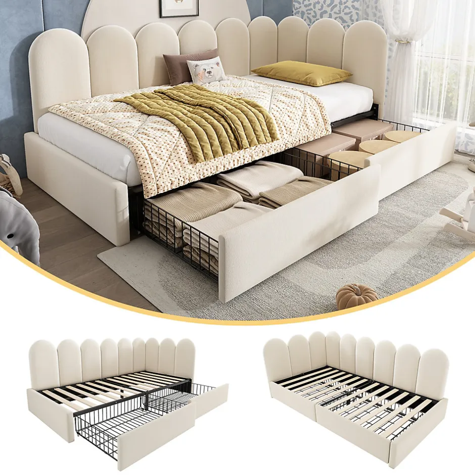 Okwish Lit Banquette 90x190 cm - Lit Enfant Capitonné avec 2 Tiroirs de Rangement et Sommier à Lattes, en Velours - sans Matelas - Beige