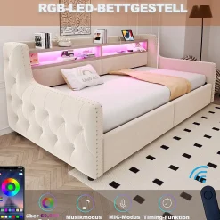 Okwish Lit Banquette 90x200 cm en Velours avec Éclairage LED, Prise Électrique et Ports USB - Sans Matelas - Beige Online