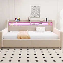 Okwish Lit Banquette 90x200 cm en Velours avec Éclairage LED, Prise Électrique et Ports USB - Sans Matelas - Beige Online