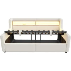 Okwish Lit Banquette 90x200 cm en Velours avec Éclairage LED, Prise Électrique et Ports USB - Sans Matelas - Beige Online