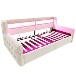 Okwish Lit Banquette 90x200 cm en Velours avec Éclairage LED, Prise Électrique et Ports USB - Sans Matelas - Beige Online