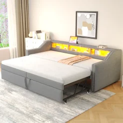 Okwish Lit banquette 90x200+180x200 cm gigogne avec rangement, éclairage LED, prise USB, structure lin métal MDF gris clair sans matelas