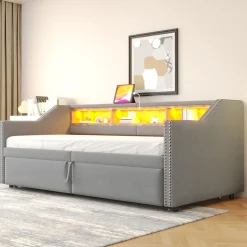 Okwish Lit banquette 90x200+180x200 cm gigogne avec rangement, éclairage LED, prise USB, structure lin métal MDF gris clair sans matelas