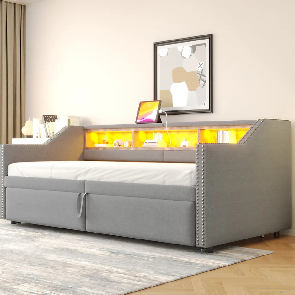 Okwish Lit banquette 90x200+180x200 cm gigogne avec rangement, éclairage LED, prise USB, structure lin métal MDF gris clair sans matelas