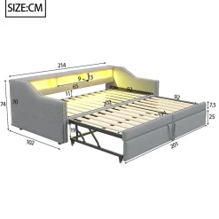 Okwish Lit banquette 90x200+180x200 cm gigogne avec rangement, éclairage LED, prise USB, structure lin métal MDF gris clair sans matelas