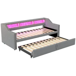 Okwish Lit banquette 90x200+180x200 cm gigogne avec rangement, éclairage LED, prise USB, structure lin métal MDF gris clair sans matelas