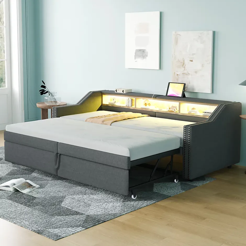 Okwish Lit banquette 90x200+180x200 cm gigogne avec rangement, éclairage LED, prise USB, structure lin métal MDF gris foncé sans matelas Clearance