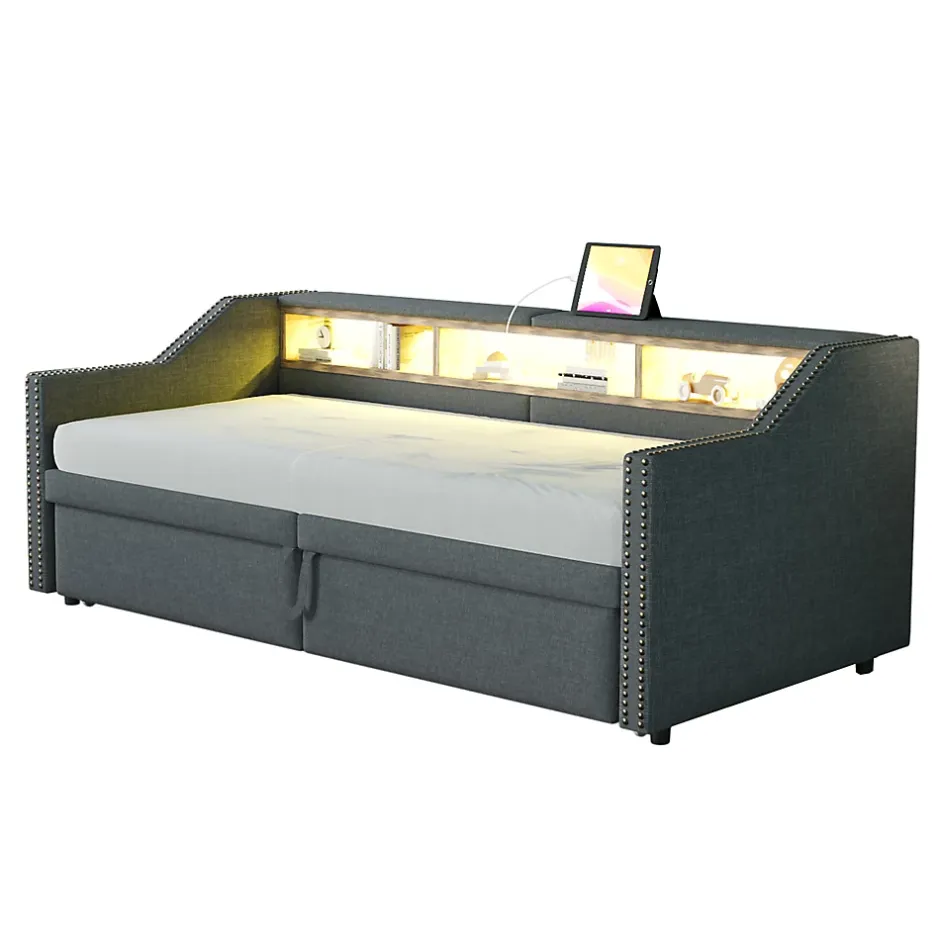 Okwish Lit banquette 90x200+180x200 cm gigogne avec rangement, éclairage LED, prise USB, structure lin métal MDF gris foncé sans matelas Clearance