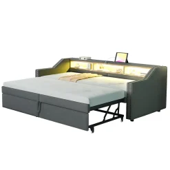 Okwish Lit banquette 90x200+180x200 cm gigogne avec rangement, éclairage LED, prise USB, structure lin métal MDF gris foncé sans matelas Clearance