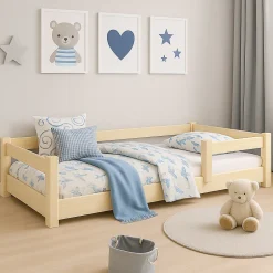 Enfant Kobi Lit bas Nordi 140x70 - Montessori bois naturel, lit enfant avec barreaux