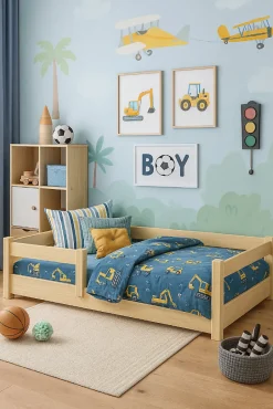 Enfant Kobi Lit bas Nordi 140x70 - Montessori bois naturel, lit enfant avec barreaux