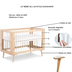 Little Sky Lit Bébé à Barreaux Avec Sommier Réglable Style Scandinave 120x60 Hêtre
