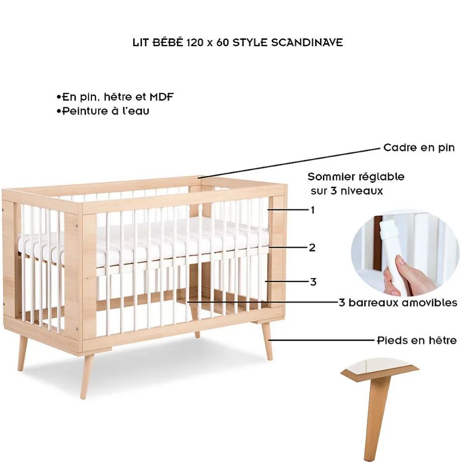 Little Sky Lit Bébé à Barreaux Avec Sommier Réglable Style Scandinave 120x60 Hêtre