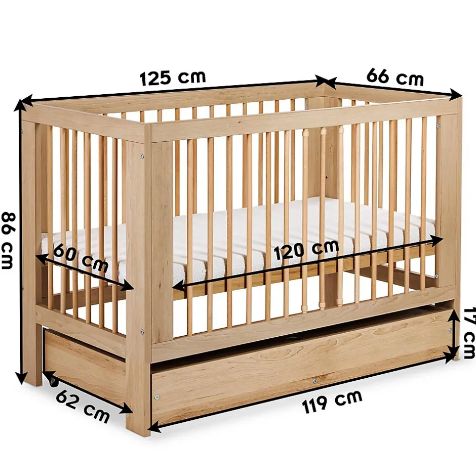 Monmobilierdesign Lit Bébé à Barreaux 120x60 Bois Avec Tiroir Sale