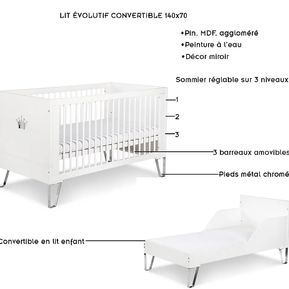 Monmobilierdesign Lit Bébé évolutif Convertible En Lit Enfant 140x70 Blanc Discount