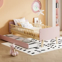 Redom Lit bois 90 par 190 cm lit simple avec 2 tiroirs cadre en bois massif sommier rose