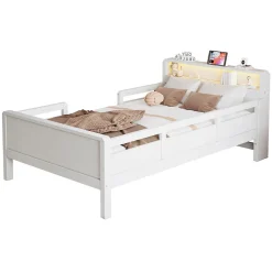 Enfant Redom Lit bois 90 par 200 cm USB type C lampe LED tete de lit avec rangement lit enfant lit simple multifonction pin blanc