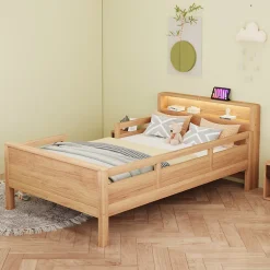 Redom Lit bois massif quatre vingt dix par deux cents avec USB Type C lampe LED tete rangement lit simple fonctionnelle bois Sale